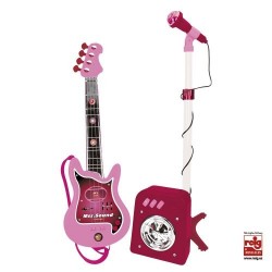 Guitarra eléctrica rosa con micrófono y amplificador de juguete