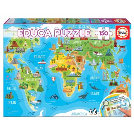 Puzzle de 150 Piezas Educa Borras mapa mundo con monumentos 48x34cm