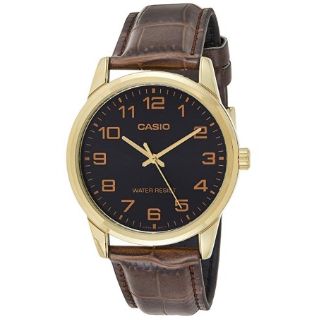 Reloj Casio Caballero MTP-V001GL-1B esfera negra correa piel marrón