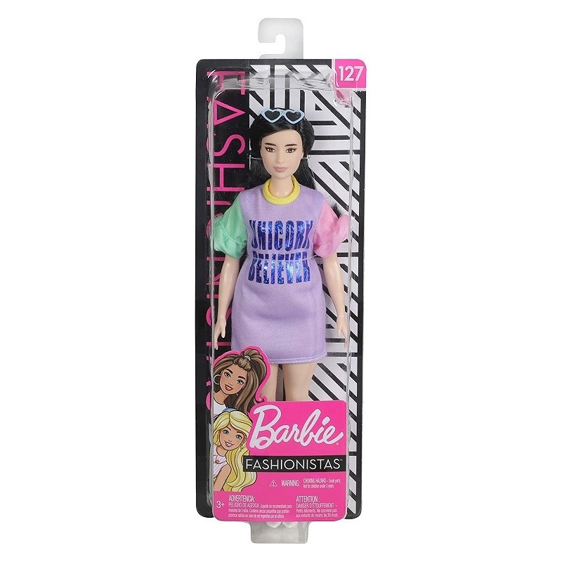 Barbie Fashionista Muñeca con pelo moreno vestido morado Unicorn Believer