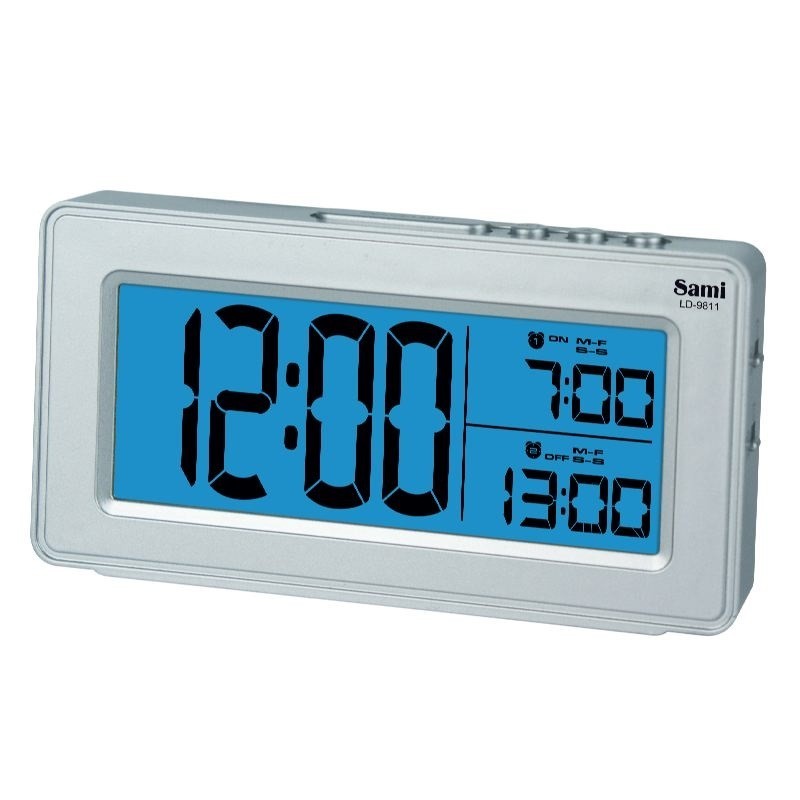 Despertador Sami Plata digital 2 alarmas luz led azul digitos XL calendario 12x7x3cm