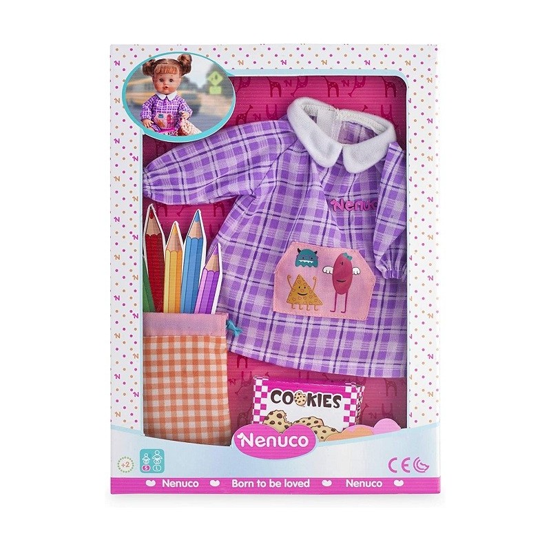 Ropa Nenuco para muñecos Nenuco talla S ropa de colegio camisón baby, saco de lápices y cajita de galletas