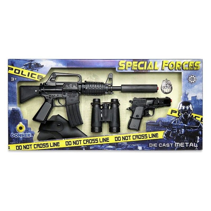 Juguete Fuerzas especiales fusil pistola con funda prismáticos y placa de policía Gonher Fabricado en España