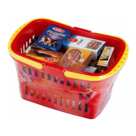 Cesta de la compra de juguete con productos de supermercado