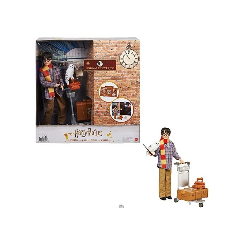 Harry Potter en la Plataforma 9 3/4, muñeco articulado con Hedwig y carrito portaequipajes con accesorios Mattel GXW31 Harry Potter en la Plataforma 9 3/4, muñeco articulado con Hedwig y carrito portaequipajes con accesorios Mattel GXW31