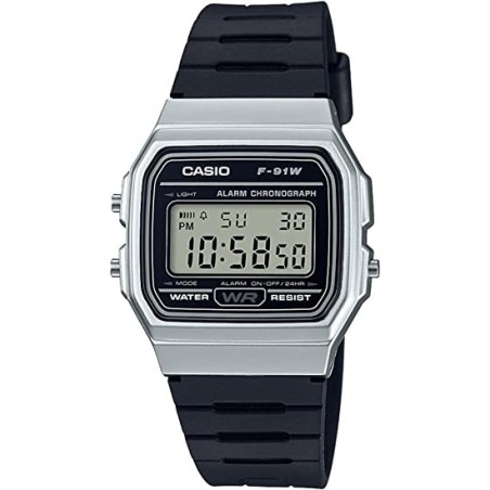 Reloj Casio digital unisex F-91WM-7A caja plateada correa resina negra