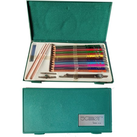 Estuche escolar 12 colores 2 bolígrafos y compas Samer leber