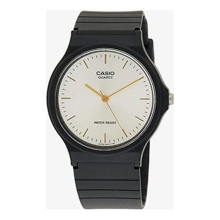 Reloj Casio analógico MQ-24-7E2L correa caucho negro esfera plateada saetas doradas