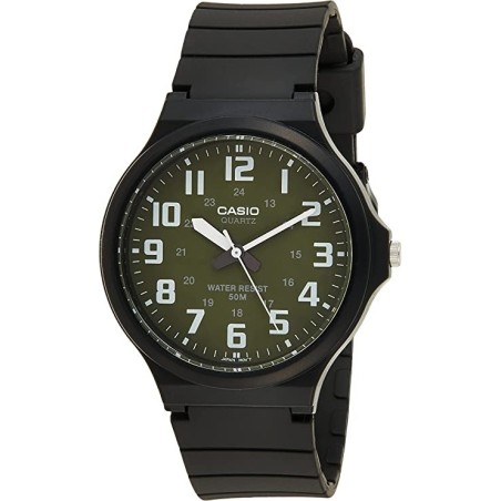 Reloj Casio analógico MW-240-3B esfera verde número blancos correa caucho negra