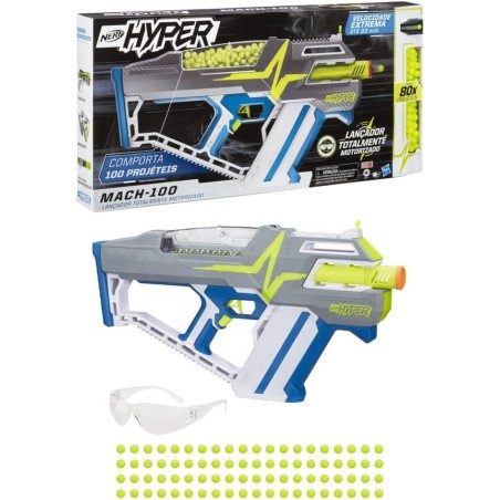 Pistola Nerf HyperMach-100 - Lanzador motorizado - 80 recargas Hyper - 33 mps, Recarga fácil, Capacidad para 100 recargas