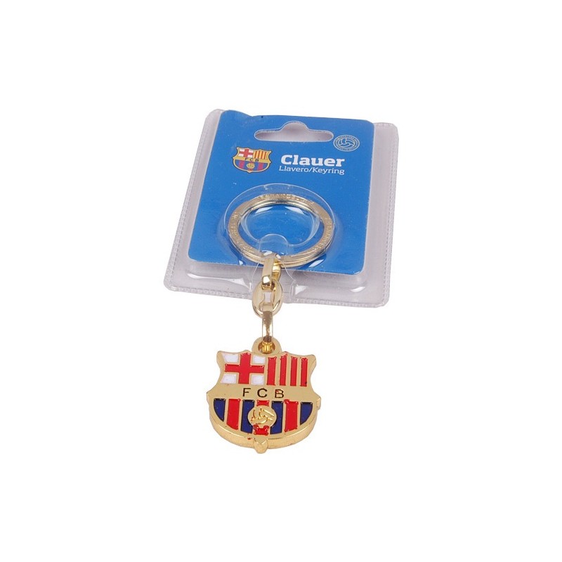 Llavero escudo Fútbol Club Barcelona metálico dorado presentado en cartón