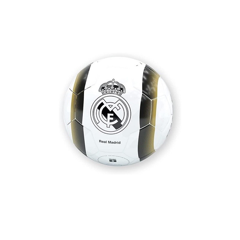 Balón Real Madrid talla 5 grande producto oficial blanco negro dorado lineas laterales