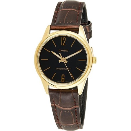 Reloj Casio Mujer LTP-V005GL-1B caja dorada esfera negra corre piel marrón
