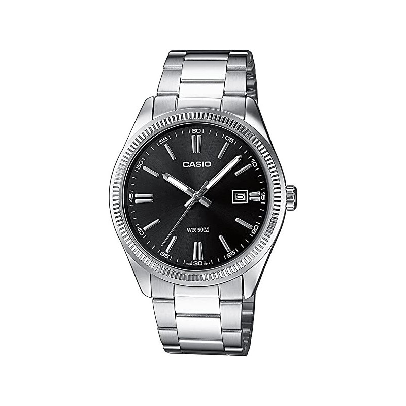 Reloj Casio caballero MTP-1302PD-1A correa plateada esfera negra con calendario Reloj Casio caballero MTP-1302PD-1A correa plateada esfera negra con calendario