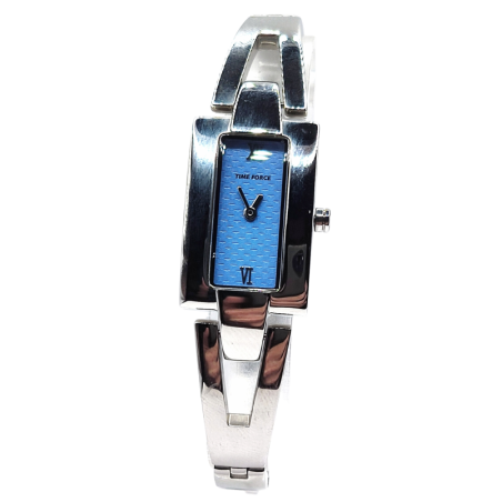 Reloj Time Force correa metálica plateada caja rectangular esfera color azul.  Caja 27x18mm aprox