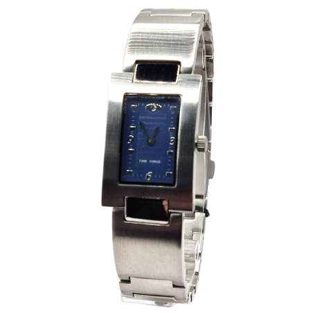 Reloj Time Force señora correa acero plateada caja rectangular esfera azul.  Tamaño caja 30x20mm