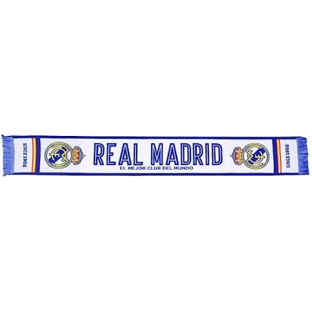 Bufanda Real Madrid fondo blanco leyenda EL MEJOR CLUB DEL MUNDO tamaño 140x20cm fondo blanco