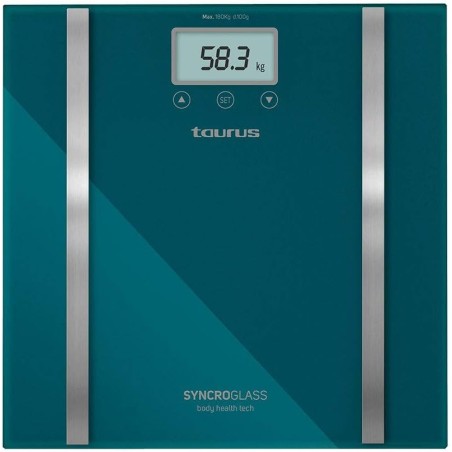 Taurus Syncro Glass Báscula baño Digital, Porcentaje Grasa y Agua, 28x28x2cm, máximo 180 kg/mínimo 3kg, kg/LB
