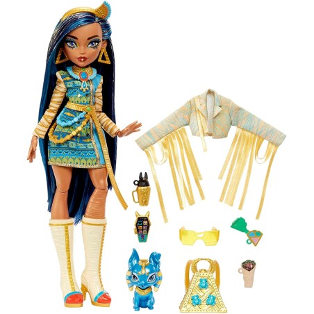 Monster High Cleo de Nile Muñeca articulada con mascota y accesorios de moda, juguete +4 años Mattel HHK54