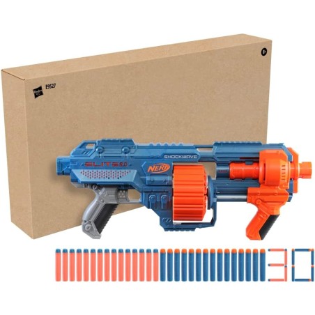 Nerf, Lanzador Elite 2,0 Shockwave RD-15 de Nerf, 30 Dardos Nerf, Tambor rotatorio de 15 Dardos, Descarga a ráfaga