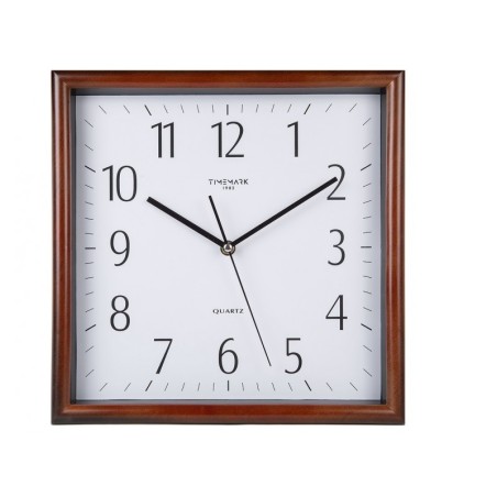 Reloj pared TimeMark cuadrado marco color madera esfera blanca tamaño 31x31cm