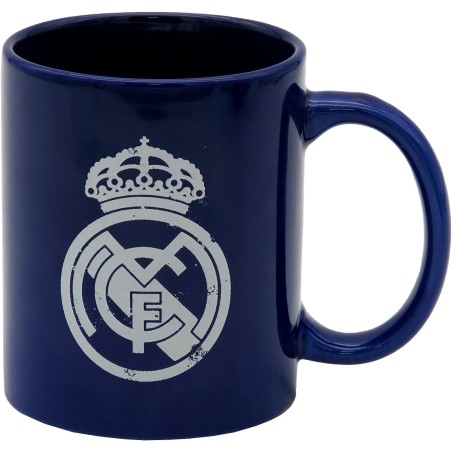 Real Madrid - Taza para Desayuno en Caja, de Cerámica, 300 ml, Color Azul con Escudo en Blanco, Producto Oficial