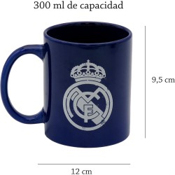 Real Madrid - Taza para Desayuno en Caja, de Cerámica, 300 ml, Color Azul con Escudo en Blanco, Producto Oficial