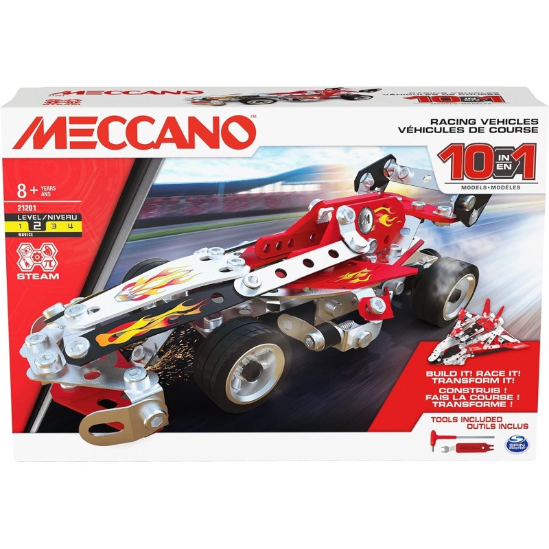 Meccano - 10 Modelos vehículos de Carrera para Construir - Juego de Construcción con 2 Herramientas y 225 Piezas edad +8 años Meccano - 10 Modelos vehículos de Carrera para Construir - Juego de Construcción con 2 Herramientas y 225 Piezas edad +8 años