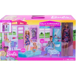 Barbie, Casa amueblada pleglable con cocina, piscina, dormitorio y lavabo Mattel GWY84