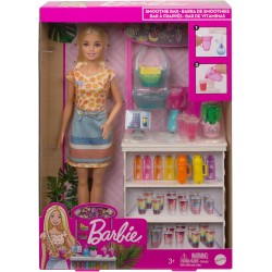 Barbie Puesto de Smoothies Muñeca rubia con accesorios y tienda para hacer zumos y batidos de juguete Mattel GRN75
