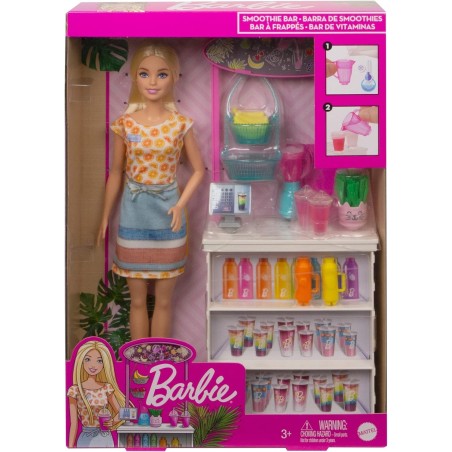 Barbie Puesto de Smoothies Muñeca rubia con accesorios y tienda para hacer zumos y batidos de juguete Mattel GRN75