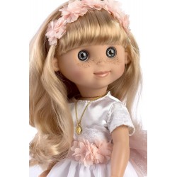 Muñeca Linda de comunión rubía 40 cm, articulada de vinil, vestido blanco con diadema de flores, envío con caja de colección