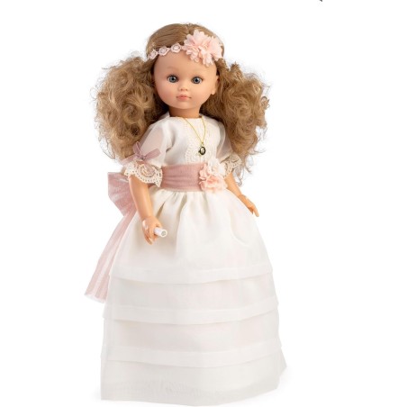 Muñeca recuerdo Primera Comunión Fany rubia lazada rosa  Canta una oración y se ilumina la velita 40cm Berbesa