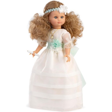 Muñeca recuerdo Primera Comunión Fany lazada turquesa  Canta una oración y se ilumina la velita 40cm Berbesa