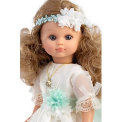 Muñeca recuerdo Primera Comunión Fany lazada turquesa  Canta una oración y se ilumina la velita 40cm Berbesa