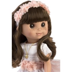 Muñeca Comunión Linda morena, flores recuerdo Primera Comunión morena con vestido blanco, diadema y flores 40cm Berbesa