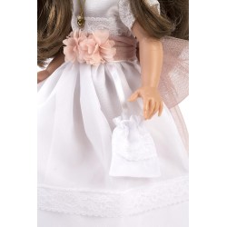 Muñeca Comunión Linda morena, flores recuerdo Primera Comunión morena con vestido blanco, diadema y flores 40cm Berbesa