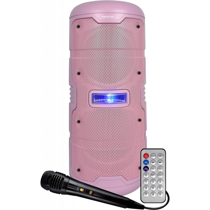 Altavoz multimedia Infiniton K50 portatil 50w Bluetooth, con micrófono, USB radio FM, mando a distancia color rosa
