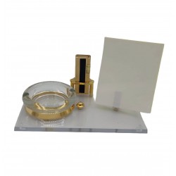 Set fumador con cenicero 8 cm soporte para mechero dorado y soporte para paquete