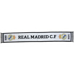 Bufanda Real Madrid 140x20 centimetros producto oficial fondo blando letras negras escudos laterales 1902