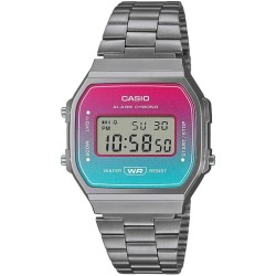 Reloj Casio A168WERB-2A correa metálica plateada esfera bicolor rosa y turquesa