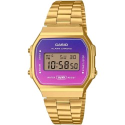 Reloj Casio digital A168WERG-2A correa dorada metálica esfera bicolor morado rosa