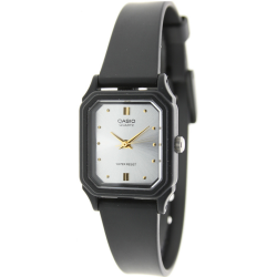 CASIO LQ-142-E-7ADF Reloj de Pulsera Analógico para Mujer correa negra caucho, esfera plateada saetas doradas caja cuadrada