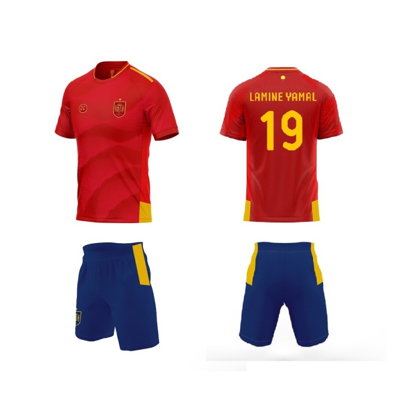 Equipacion futbol Seleccion Espanola Lamine Yamal 19 camiseta roja y pantalon producto oficial tallas para ninos