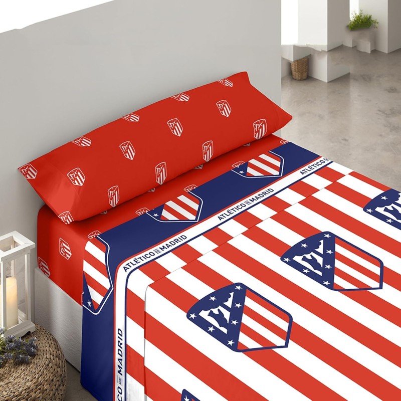 Juego de sábanas Atlético de Madrid 3 Piezas sábana, bajera y funda de almohada para cama 150cm producto oficial Juego de sábanas Atlético de Madrid 3 Piezas sábana, bajera y funda de almohada para cama 150cm producto oficial