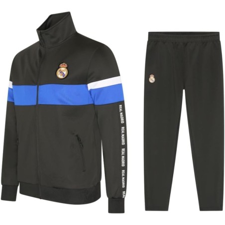 Chándal Real Madrid dos piezas chaqueta negra franja azul y pantalón negro para adulto producto oficial