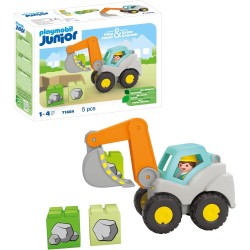 PLAYMOBIL Junior 71684 Pala Excavadora, Incluye Techo de Cabina Plegable y Piedras apilables edad +1 año