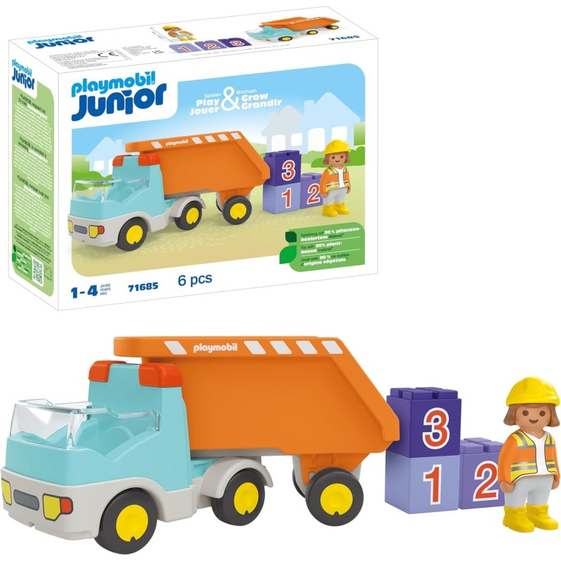 PLAYMOBIL Junior 71685 Camión de Basura, Incluye Tres Piedras apilables edad +1 año