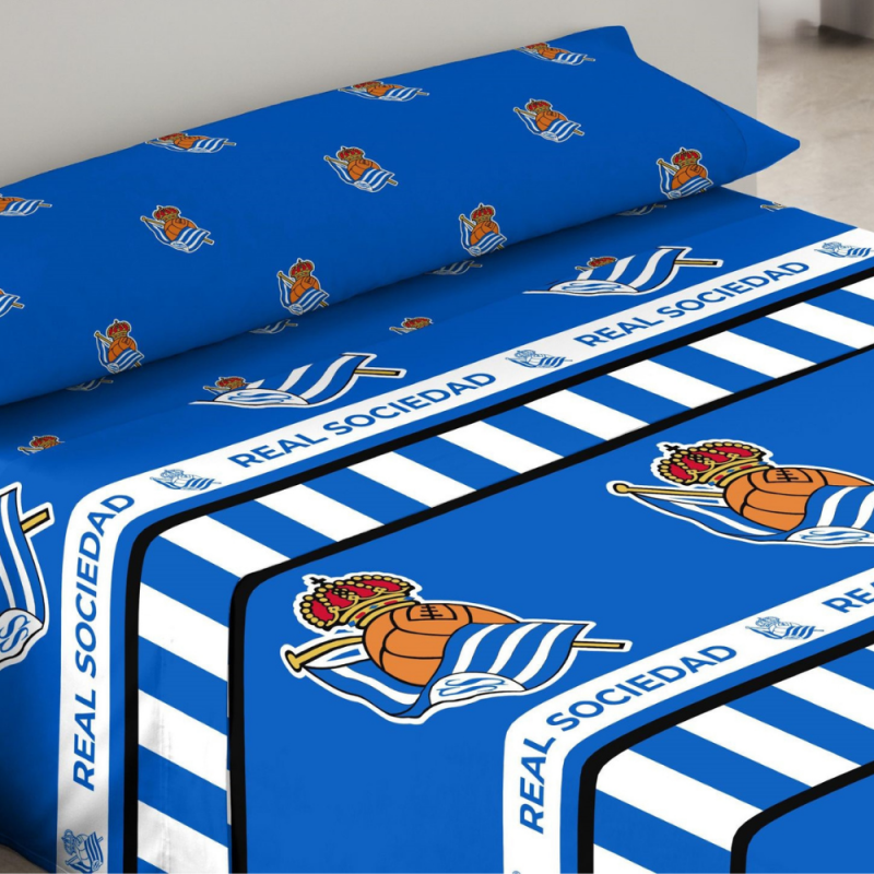 Juego de sábanas Real Sociedad 3 Piezas sábana, bajera y funda de almohada para cama 90cm producto oficial Juego de sábanas Real Sociedad 3 Piezas sábana, bajera y funda de almohada para cama 90cm producto oficial