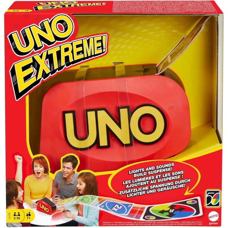 Juego de cartas UNO Extreme Mattel Games con Lanzador de cartas incluye 112 Cartas de 2-10 Jugadores edad +7 años Juego de cartas UNO Extreme Mattel Games con Lanzador de cartas incluye 112 Cartas de 2-10 Jugadores edad +7 años